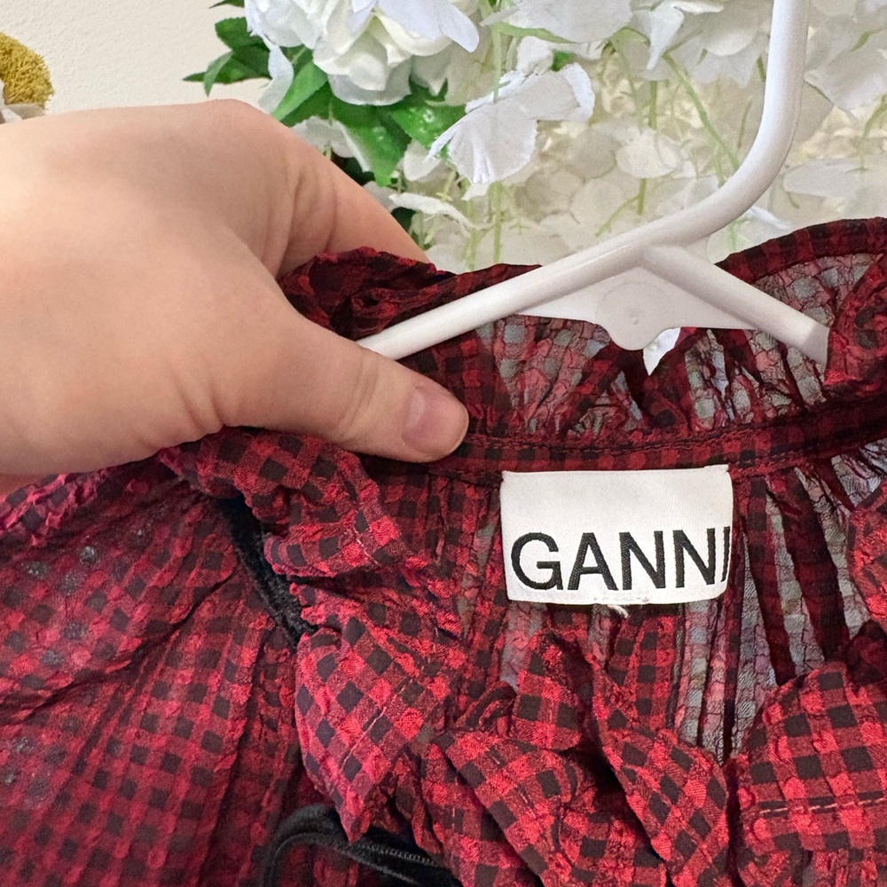Ganni Red & Black Check Seersucker Tie Neck Shirt ♥️ - Picture 11 of 15